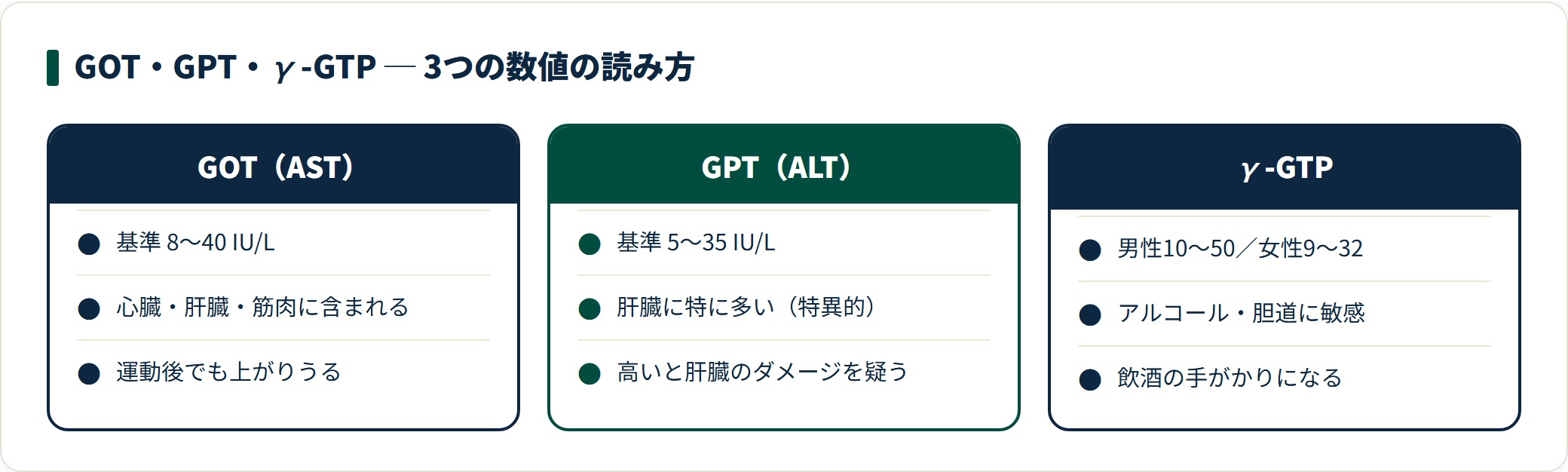 肝機能のGOT・GPT・γ-GTPの基準値と特徴の違いを示す3列の比較カード