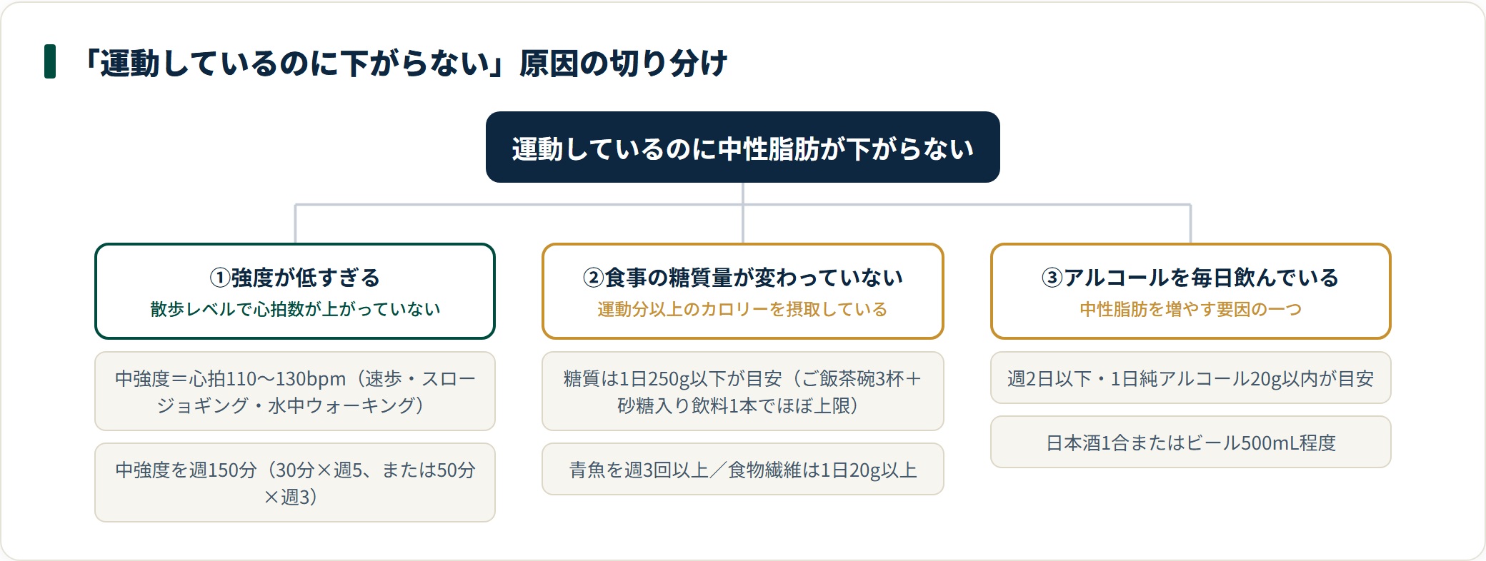 運動しても中性脂肪が下がらない原因を、強度不足・糖質過多・毎日の飲酒の3つに分類し、それぞれの目安を示した図。