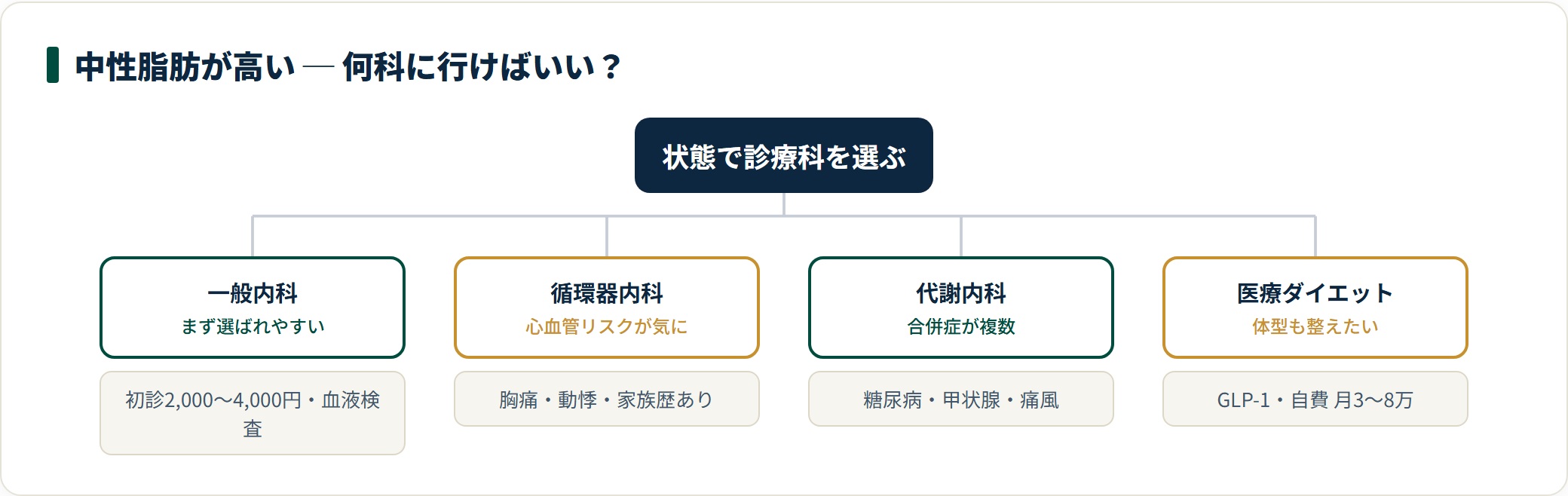 中性脂肪が高いときの診療科の使い分け。一般内科・循環器内科・代謝内科・医療ダイエットを状態別に選ぶ分類ツリー