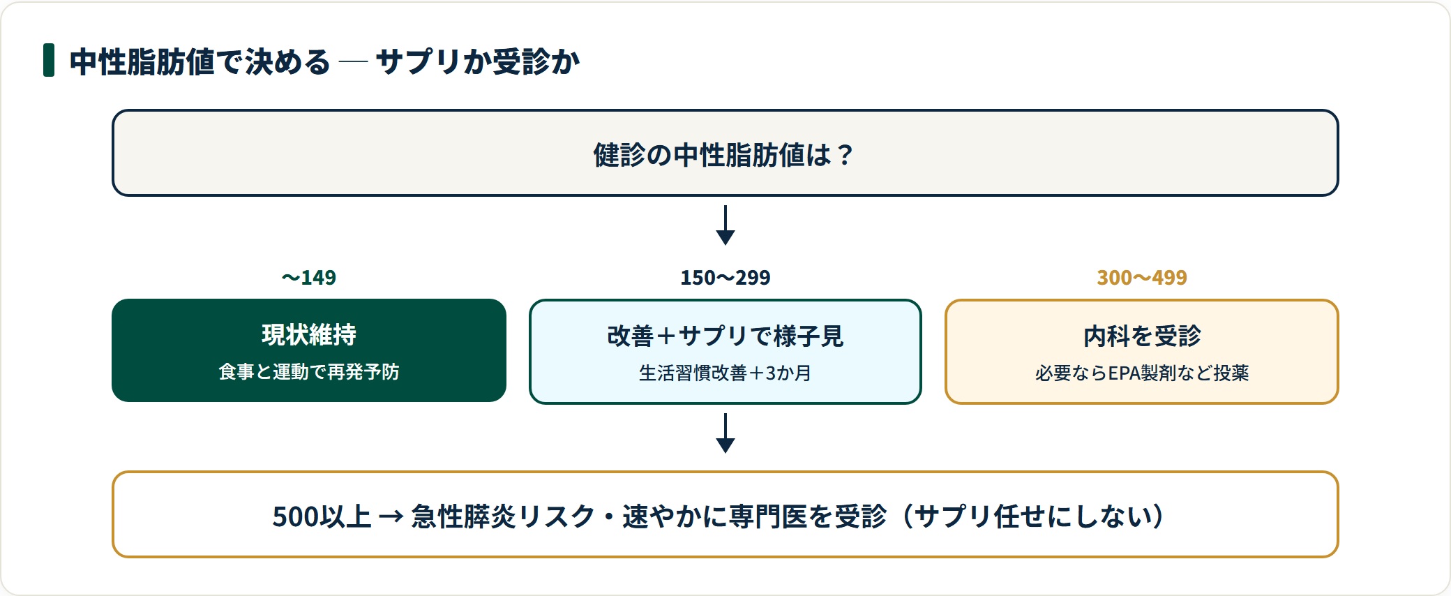 中性脂肪値別のアクション。149以下は現状維持、150〜299は生活改善＋サプリ、300〜499は内科受診、500以上は速やかに受診という判定フロー