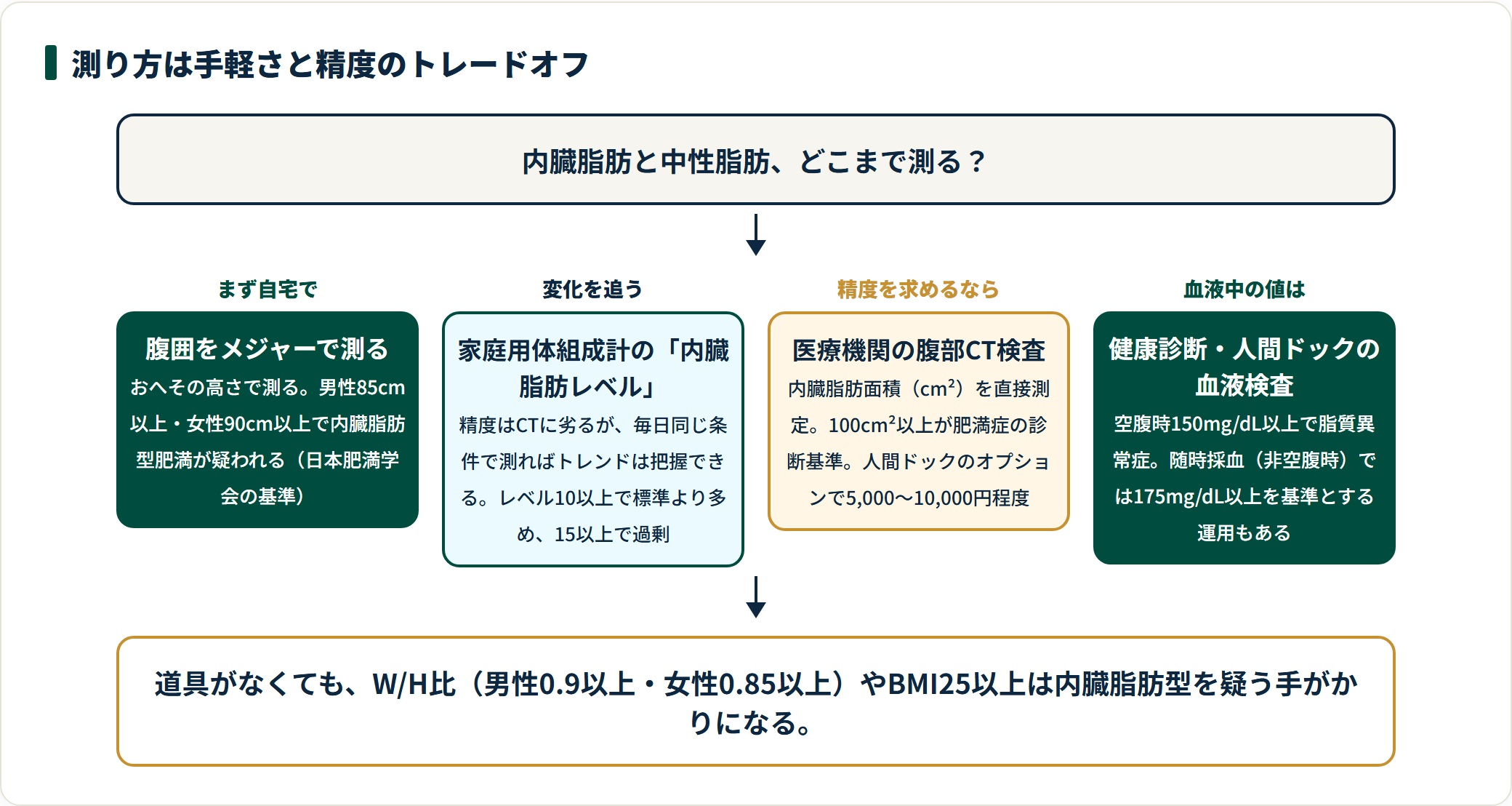 内臓脂肪と中性脂肪の測り方を、腹囲・体組成計・CT・血液検査の4段階で示した図
