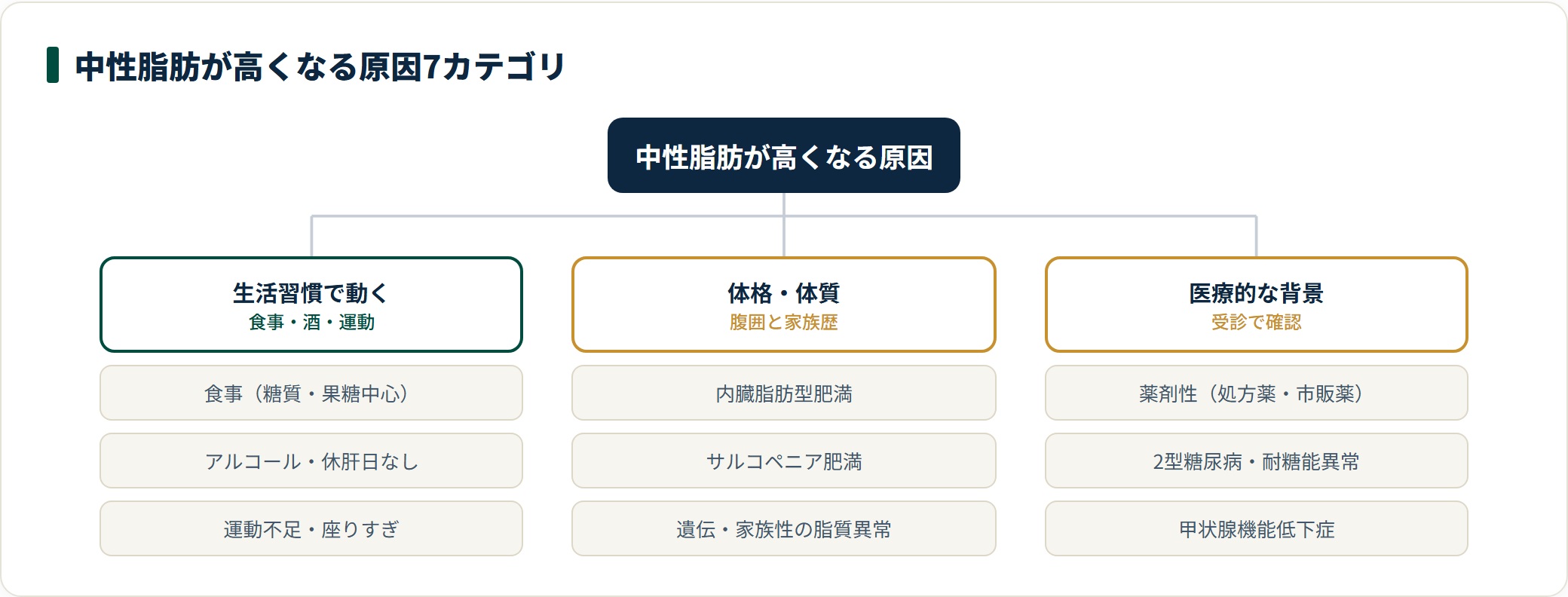 中性脂肪が高くなる原因を7カテゴリに分けた図。生活習慣(食事・アルコール・運動不足)、体格・体質(内臓脂肪型肥満・サルコペニア肥満・遺伝)、医療的な背景(薬剤性・糖尿病・甲状腺機能低下)に整理し、複数が重なるのが一般的だと示している。