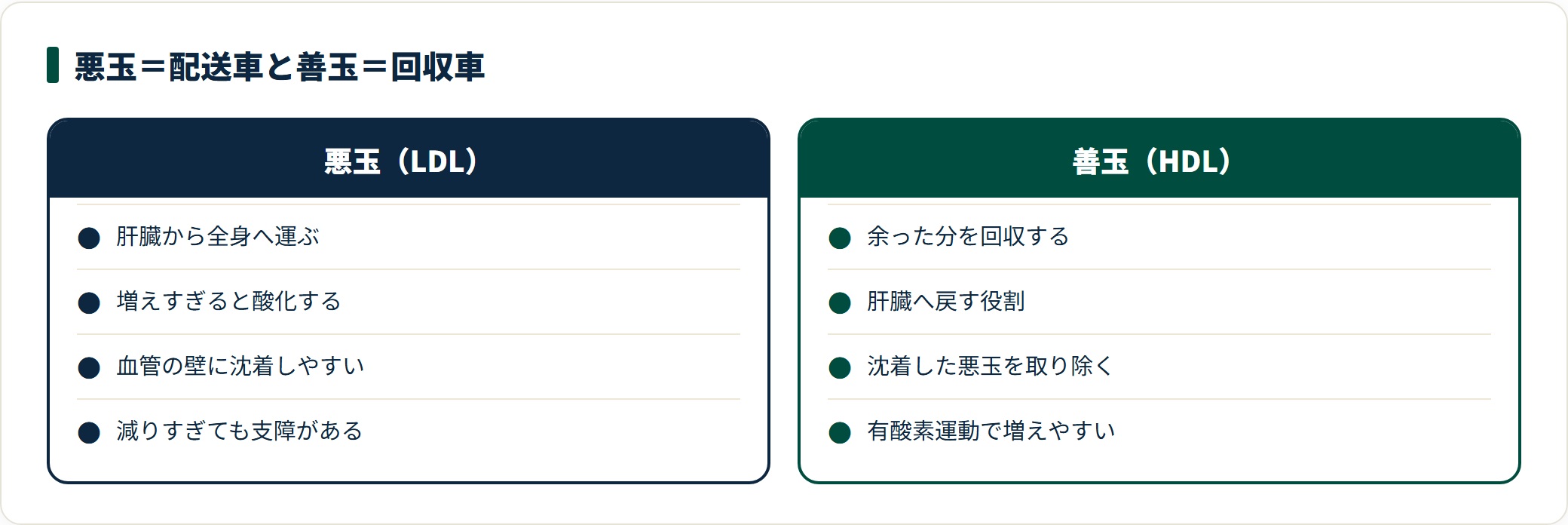 悪玉（LDL）と善玉（HDL）の役割を比較した図。悪玉はコレステロールを全身へ運ぶ配送車で、増えすぎると酸化して血管壁に沈着しやすく減りすぎても支障がある一方、善玉は余った分を回収して肝臓へ戻す回収車だと整理している。