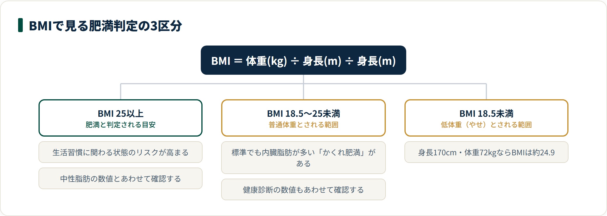BMIは25以上が肥満、18.5〜25未満が普通体重、18.5未満が低体重とされる3区分の分類図